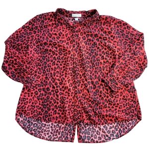 Alexander Jordan Red Leopard Print Long-sleeve Button Down Tunic Size Women 2X